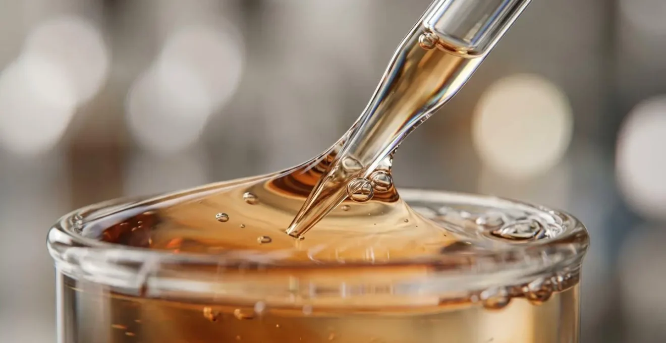 Macro photograph of wastewater sample being processed for viral RNA extraction showing laboratory pipette and gradient colored liquid representing genomic sequencing workflow