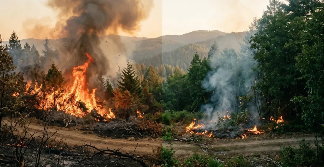 Contrasting fire spread patterns illustrating different disease transmission rates in a natural environment