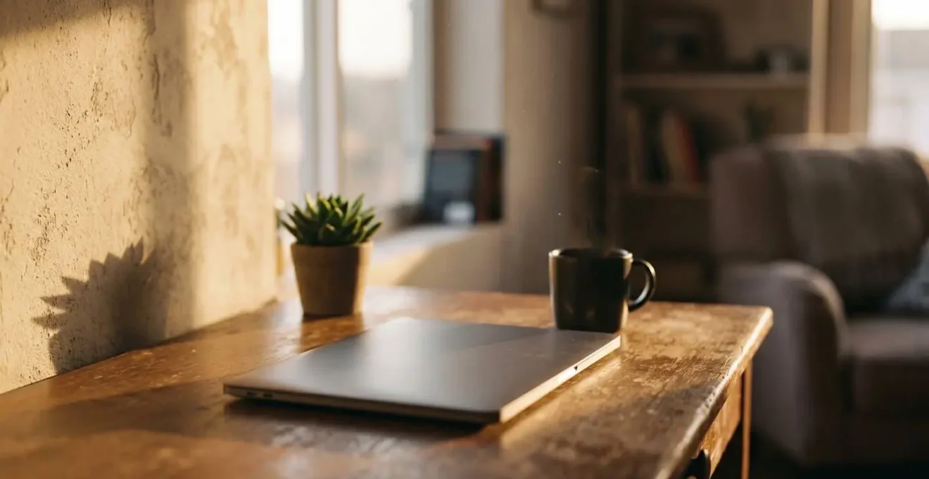A clean, minimalist home office at golden hour, symbolizing the balance between work and personal health needs.