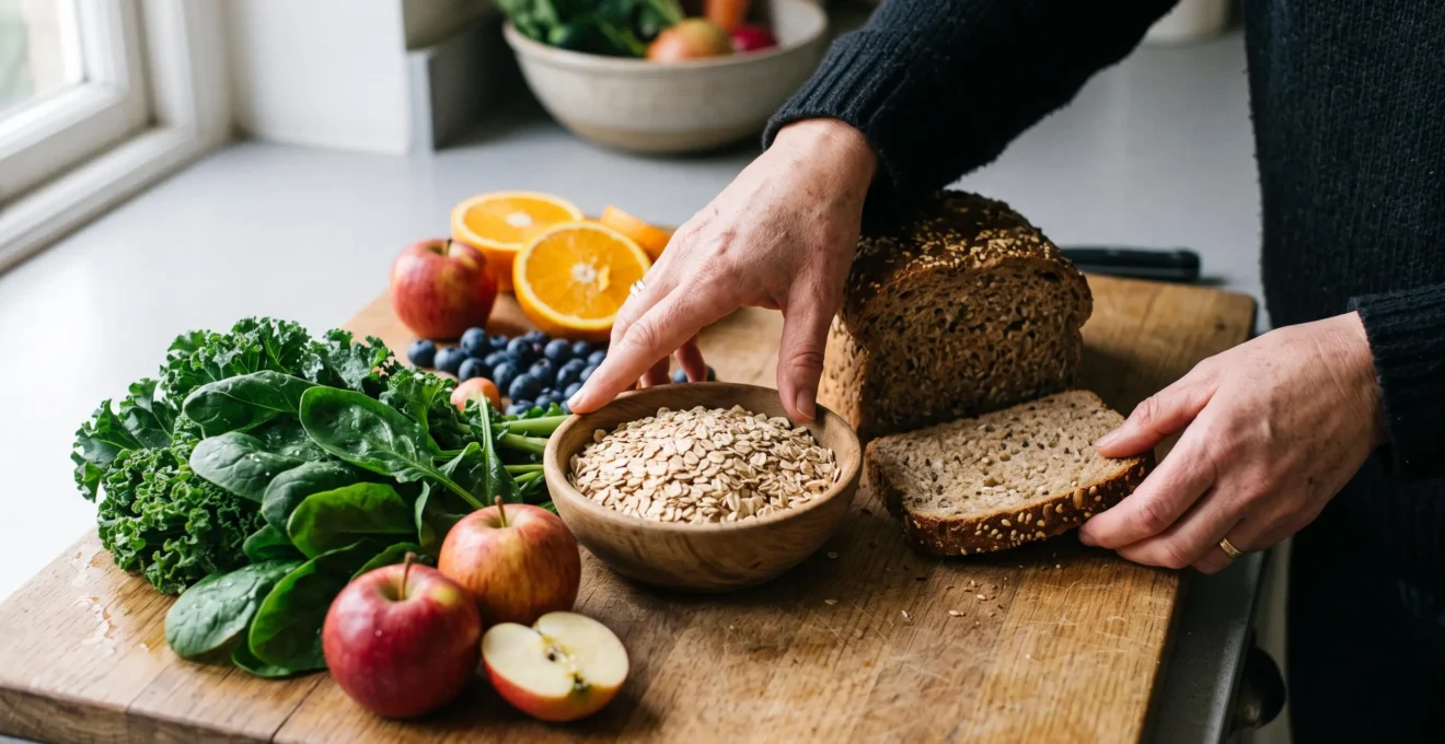 Hands arranging wholemeal bread, oats, leafy greens and fruits on a kitchen surface