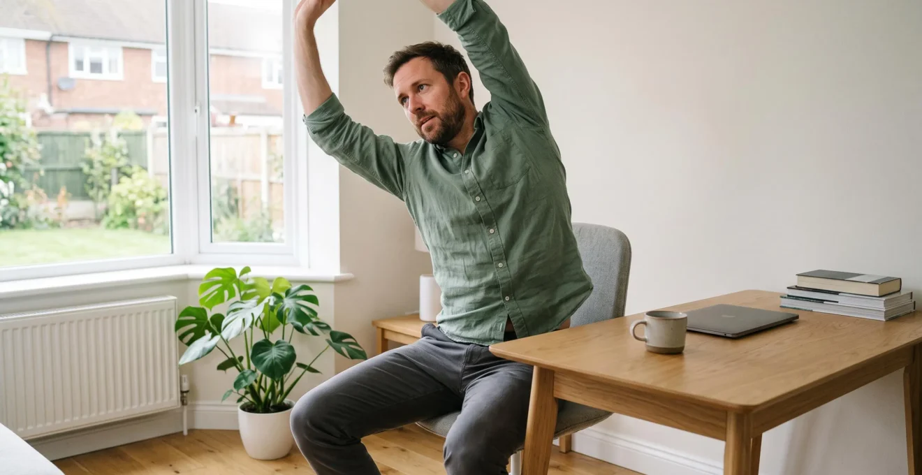 Man standing and stretching in a modern British home office after sitting