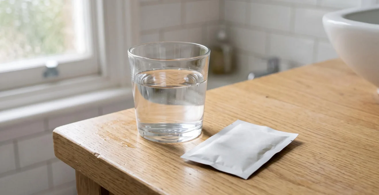 Clear glass of water with unmarked osmotic laxative sachet on a domestic surface