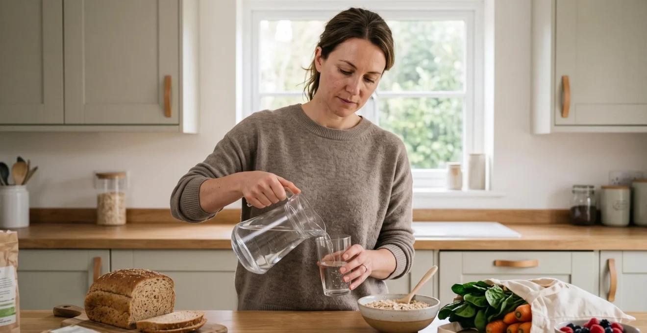 Woman pouring water in a modern British kitchen with fibre-rich foods on the worktop
