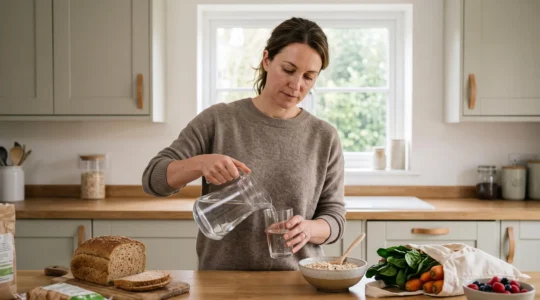 Woman pouring water in a modern British kitchen with fibre-rich foods on the worktop