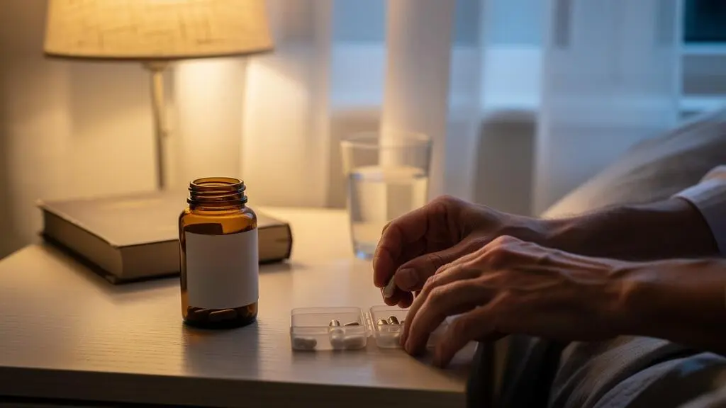Hands place magnesium capsules from an amber bottle into a pill organiser on a bedside table next to a lit lamp.