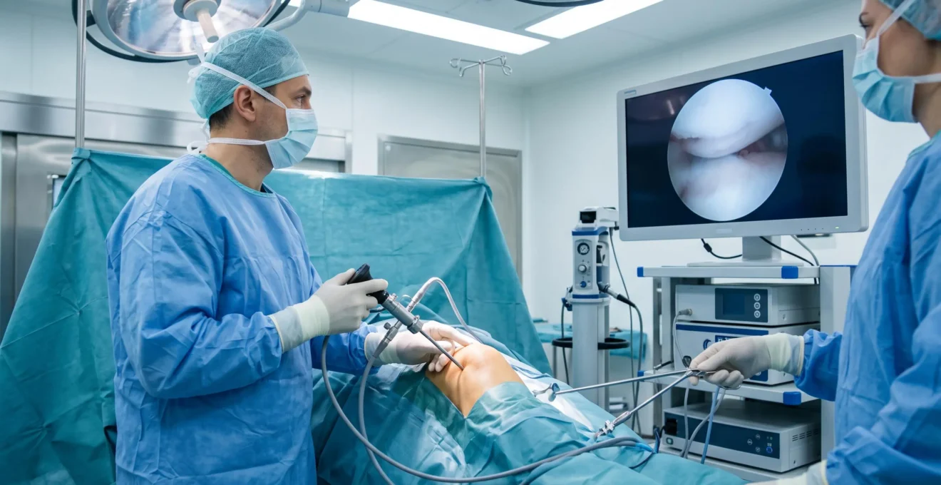 A surgeon performing knee arthroscopy in an operating theatre, guided by the view on a video monitor.