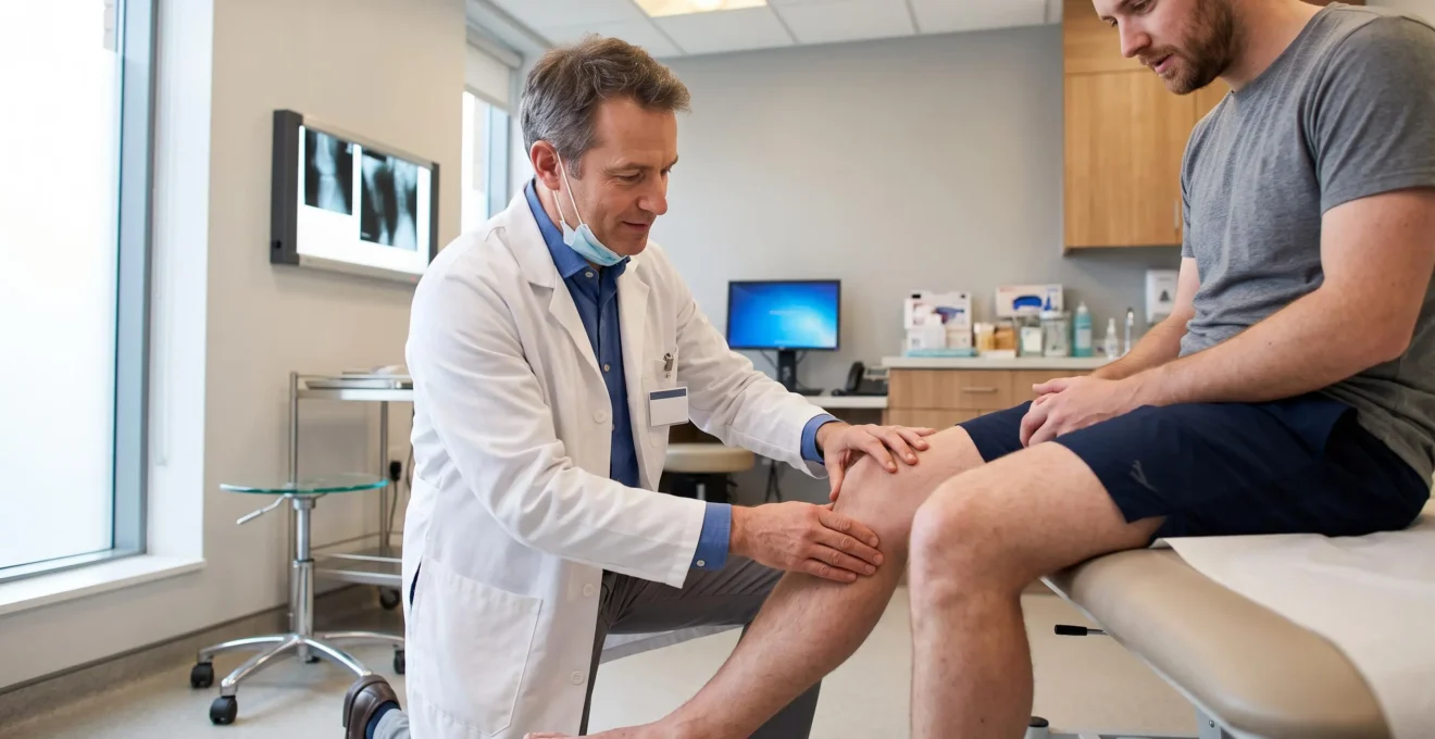 A knee surgeon palpating the knee joint of a seated patient during a clinical examination in a consultation room.