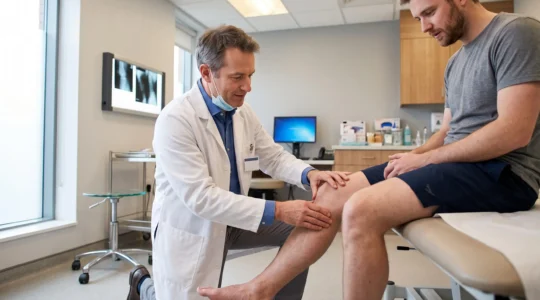 A knee surgeon palpating the knee joint of a seated patient during a clinical examination in a consultation room.