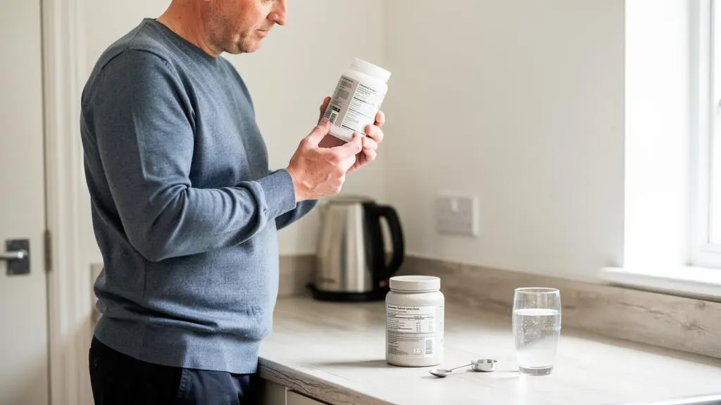 A man in a kitchen reads the label of a supplement container while comparing it with another product on the counter.