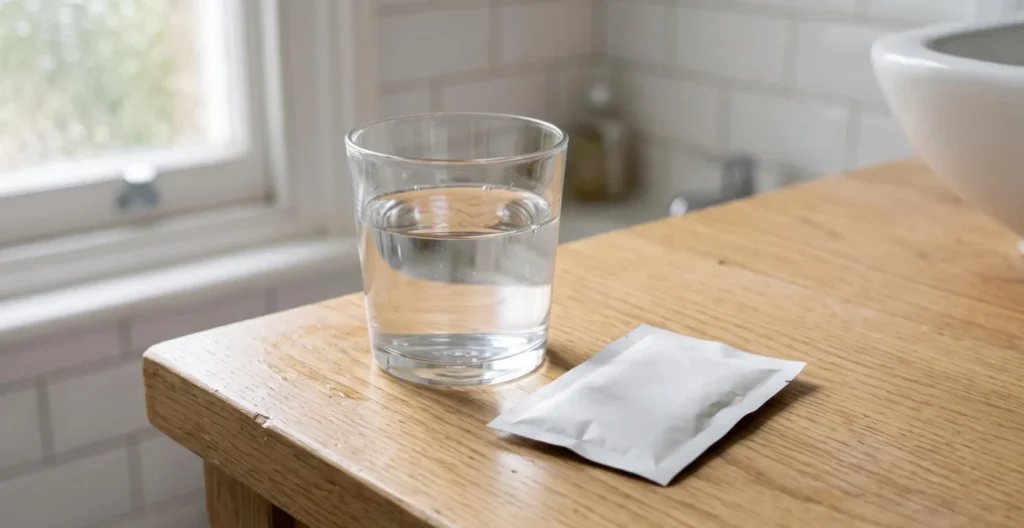 Clear glass of water with unmarked osmotic laxative sachet on a domestic surface Clear glass of water with unmarked osmotic laxative sachet on a domestic surface
