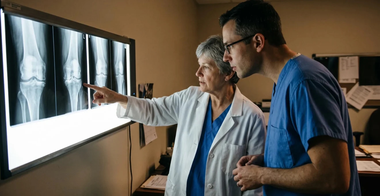 A surgeon and a radiologist examining knee X-ray films on a backlit viewing panel in a radiology reading room.