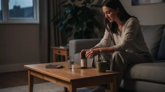A woman at home in the evening prepares her relaxation routine with supplements, water and herbal tea on a coffee table.