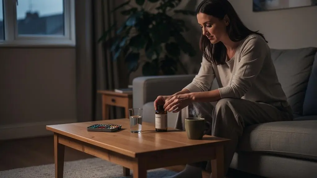 A woman at home in the evening prepares her relaxation routine with supplements, water and herbal tea on a coffee table.
